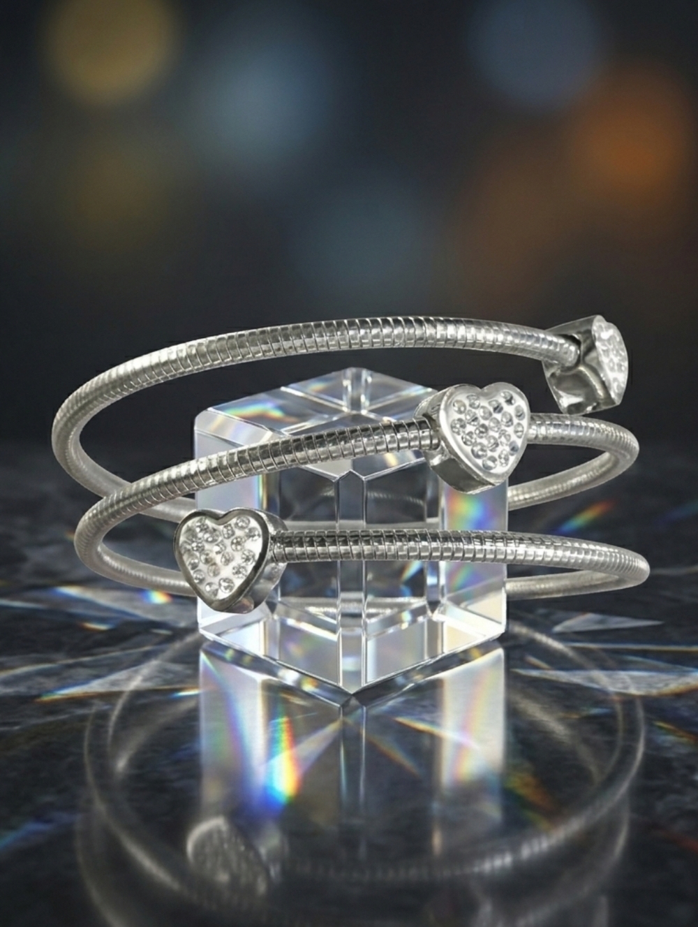 18K White Gold Plated Triple Heart CZ Wrap Bangle Coquette Old Money Bracelet